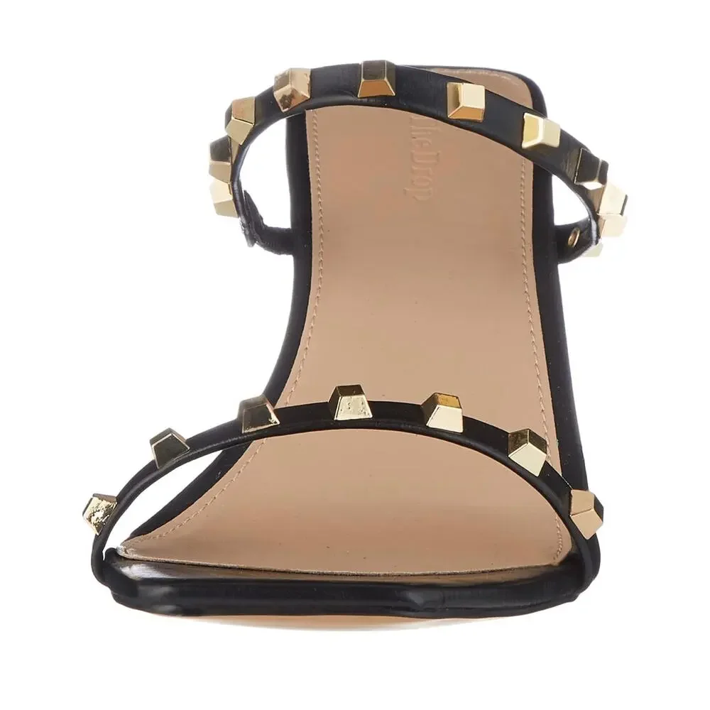 The Drop Women's Avery Black Studded Square Toe Two Strap High Heels